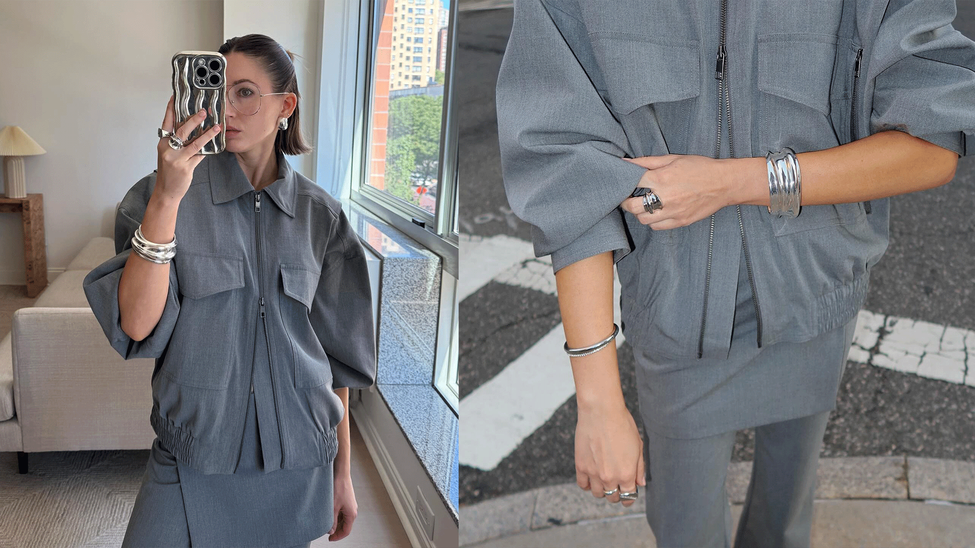 tinsley wears all gray monochromatic look while posing with chunky, stylish jewelry