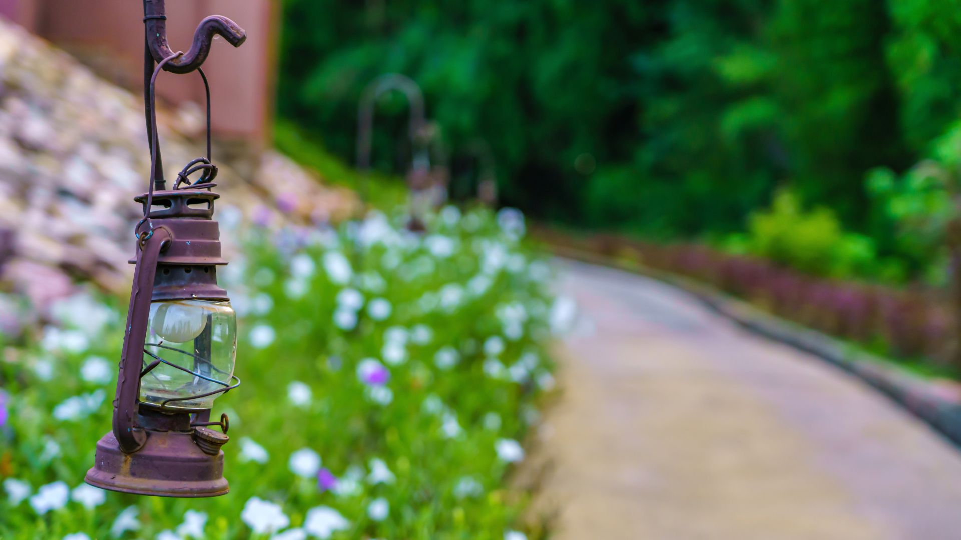 picture of vintage lantern in garden with meadow border