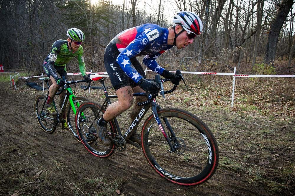 Jeremy Powers (Rapha) leads Stephen Hyde (Cannondale pb Cyclocrossworld) up the back side of Mt. Krumpit