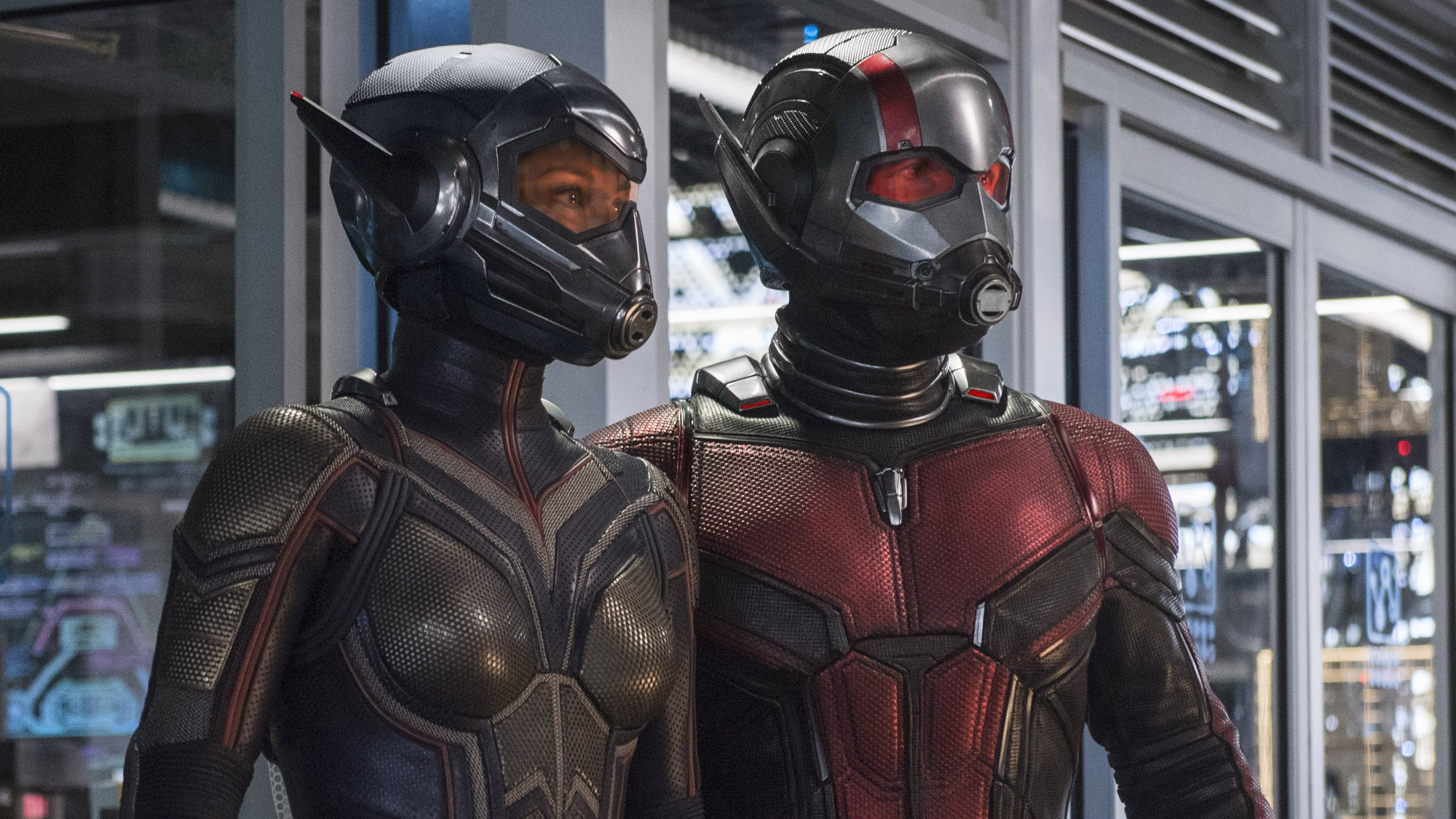 Hope van Dyne (Evangeline Lilly) and Scott Lang (Paul Rudd) look forward. in Ant-Man and the Wasp.