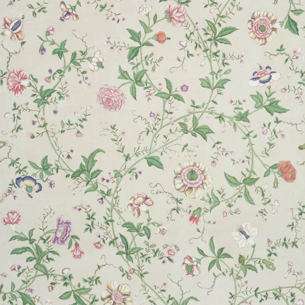 pink and green floral print on cream fabric