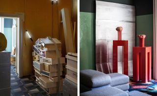 The photo to the left shows many drawers stacked on top of each other, among other furniture. The photo to the right shows gray sofa cushions stacked on top of each other with red tall tables next to them.