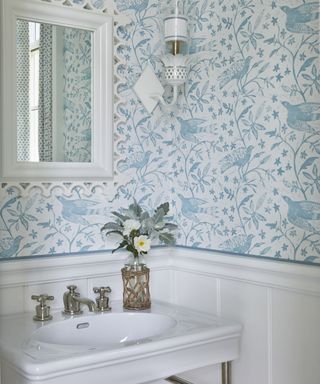traditional powder room with blue and white floral wallpaper