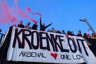 Arsenal fans protest against owner Stan Kroenke outside the Emirates Stadium