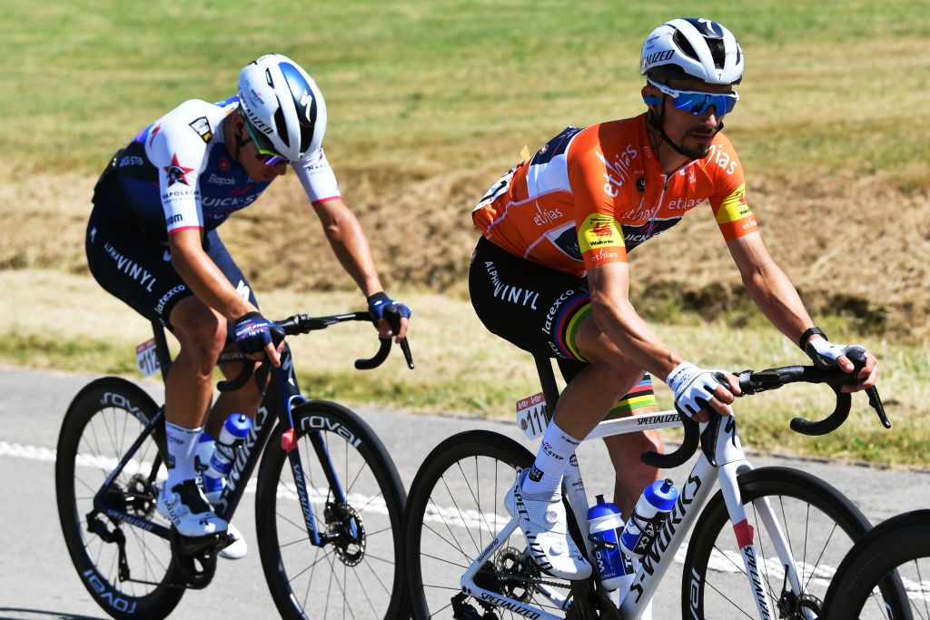 HERVE BELGIUM JULY 24 Julian Alaphilippe of France and Team QuickStep Alpha Vinyl Orange Leader Jersey competes during the 43rd Ethias Tour de Wallonie 2022 Stage 2 a 1768km stage from Verviers to Herve 274m ethiastourdewallonie22 on July 24 2022 in Herve Belgium Photo by Luc ClaessenGetty Images
