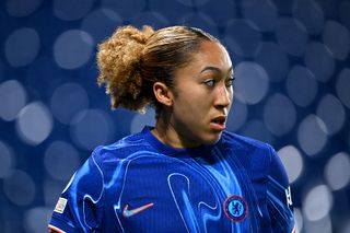Lauren James of Chelsea looks on during the UEFA Women's Champions League Quarter Finals Second Leg match between Chelsea FC and Manchester City at Stamford Bridge on March 27, 2025 in London, England.