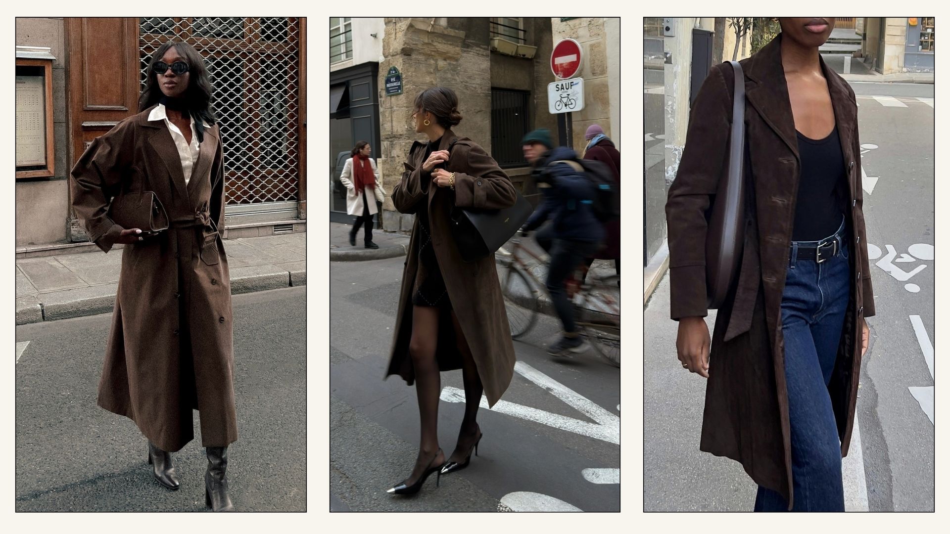 Collage of French influencer wearing brown trench.