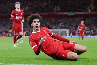 Jayden Danns of Liverpool celebrates after scoring their third goal during the Emirates FA Cup Fifth Round match between Liverpool and Southampton at Anfield on February 28, 2024 in Liverpool, England.