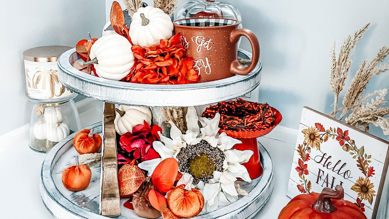 fall tiered tray with pumpkins