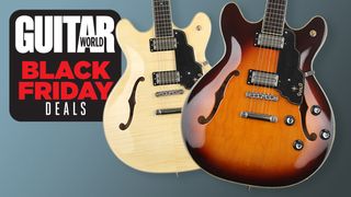 Two Guild Starfire guitars on a Guitar World Black Friday Guitar Deals background
