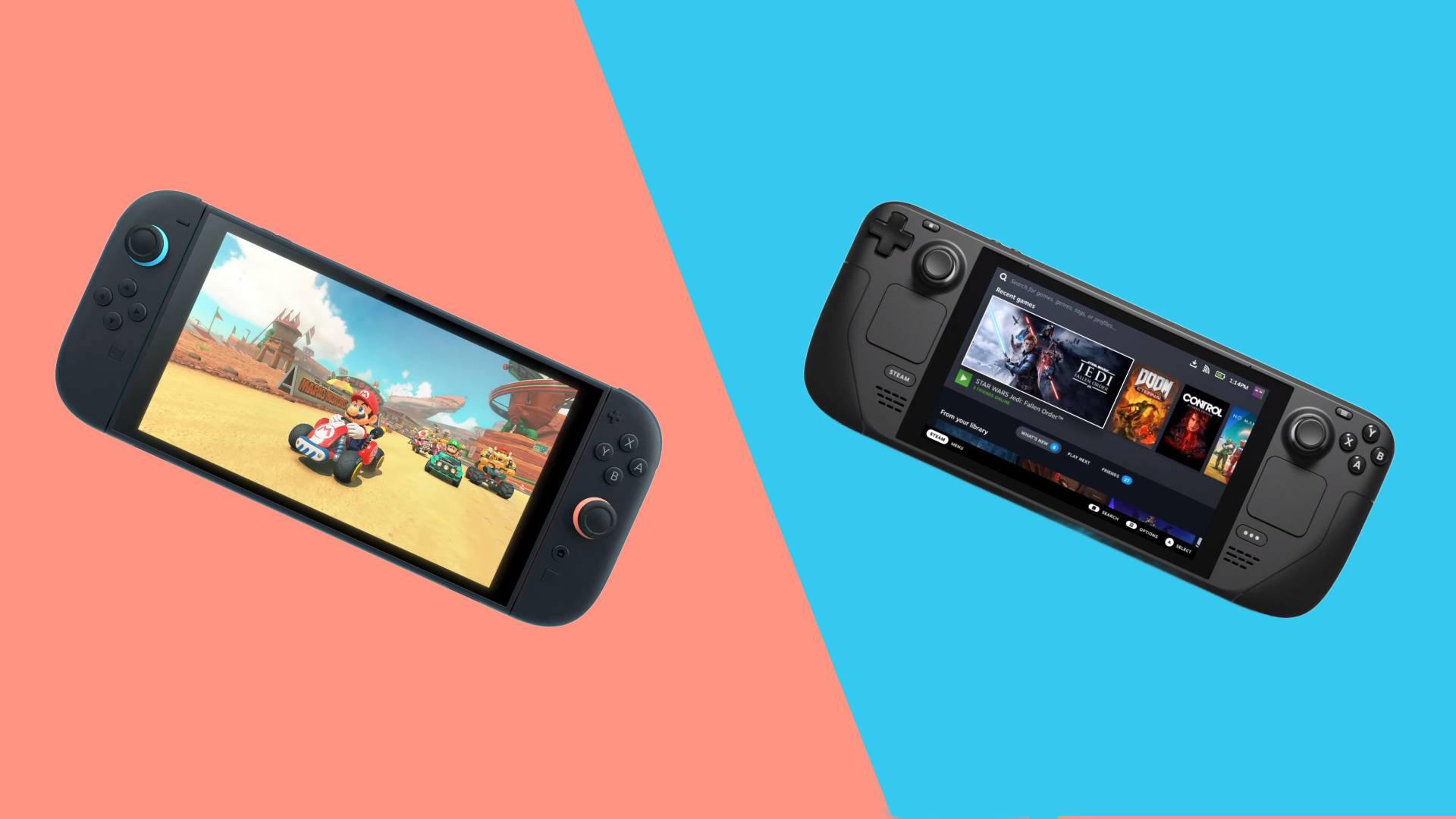 The Nintendo Switch 2 and the Steam Deck side by side on a background diagonally divided into peach and blue.
