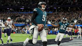 Nick Foles of the Philadelphia Eagles reacts after a 1-yard touchdown reception against the New England Patriots during the second quarter in Super Bowl LII at U.S. Bank Stadium on February 4, 2018 in Minneapolis, Minnesota. 