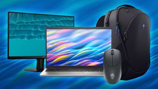 An array of Dell products in a collage created using Gemini. A laptop, monitor, gaming mouse, and backpack.