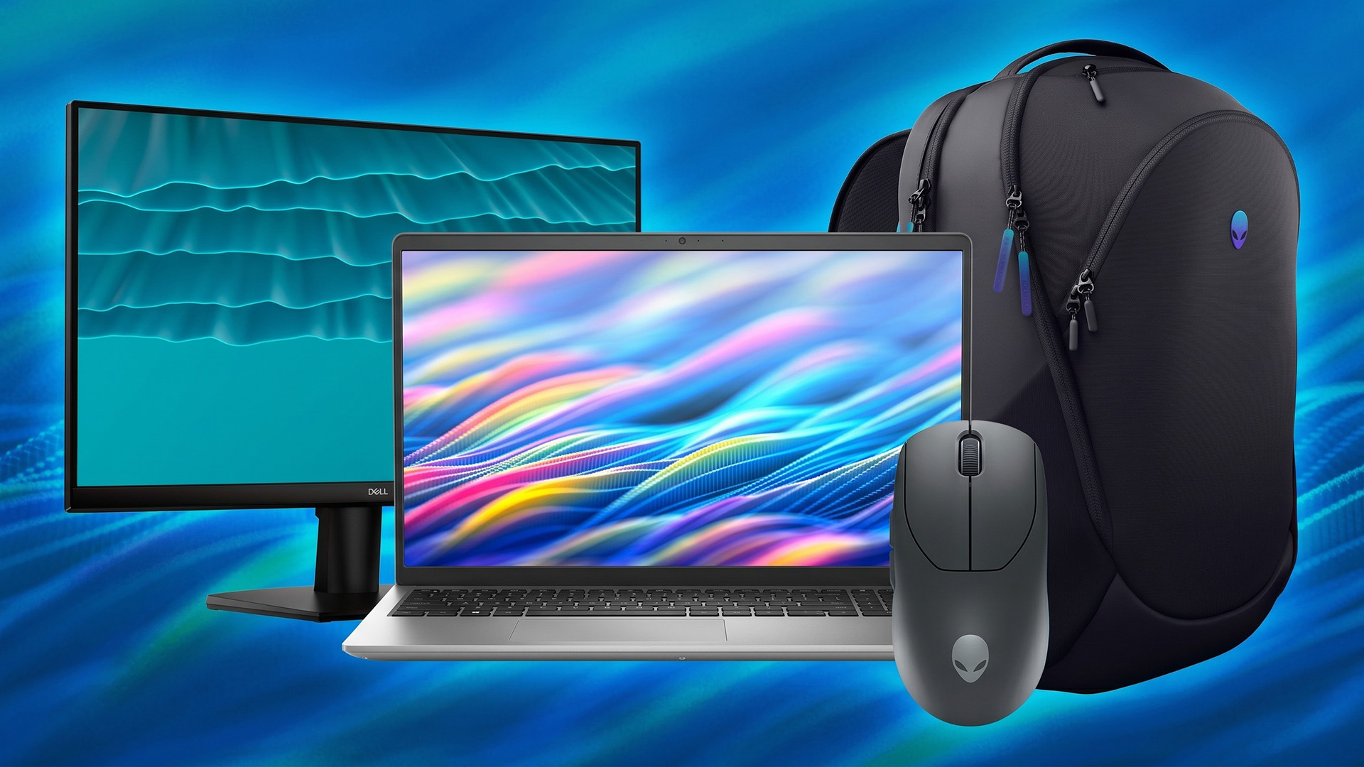 An array of Dell products in a collage created using Gemini. A laptop, monitor, gaming mouse, and backpack.