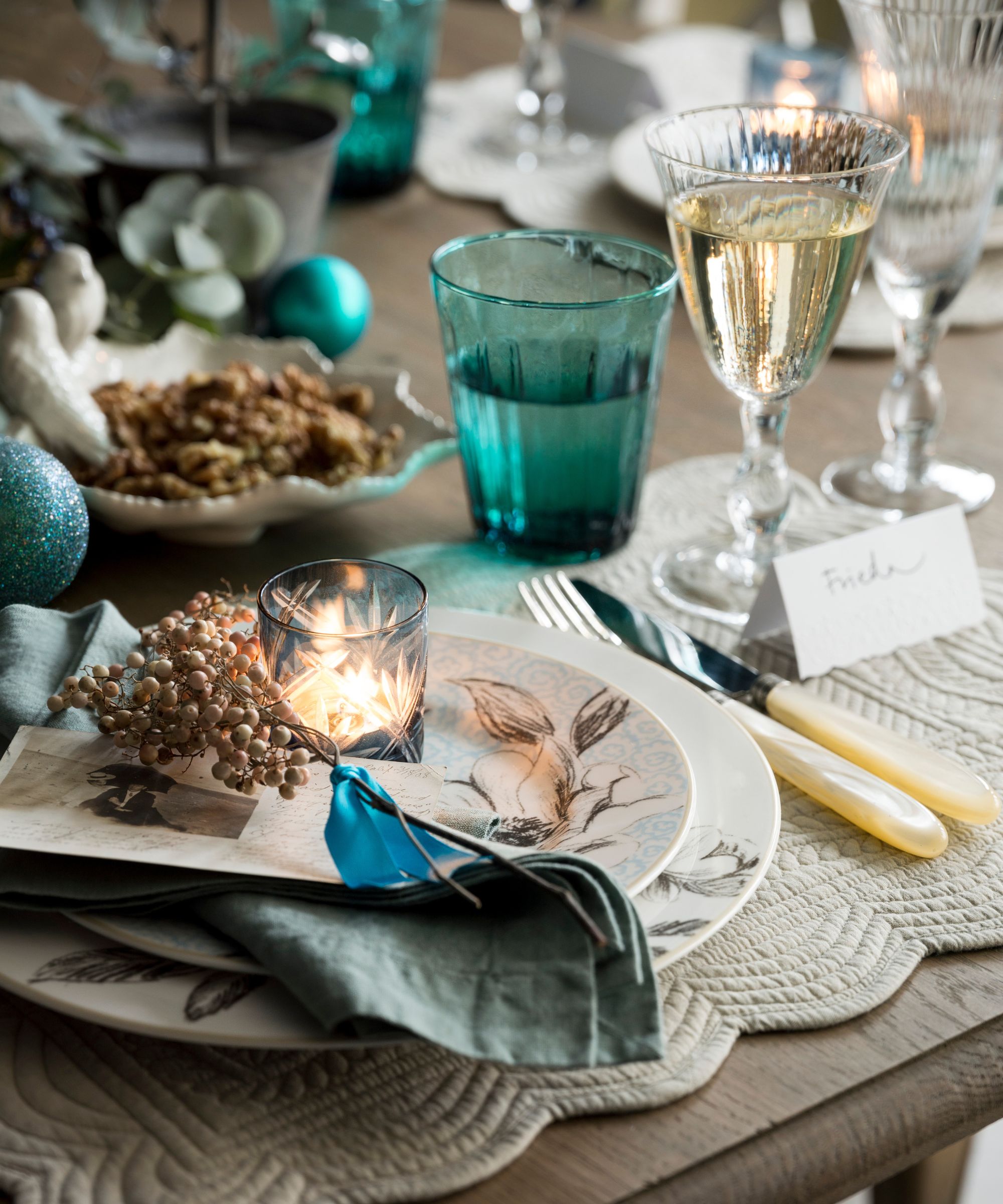 Green and grey themed Christmas place setting