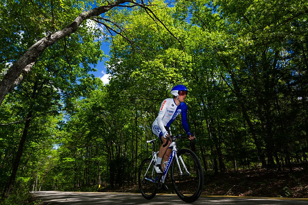 A UnitedHealthcare Professional Cycling Team (USA) rider looks up the road as he leaves the switchback posrtio of the course.