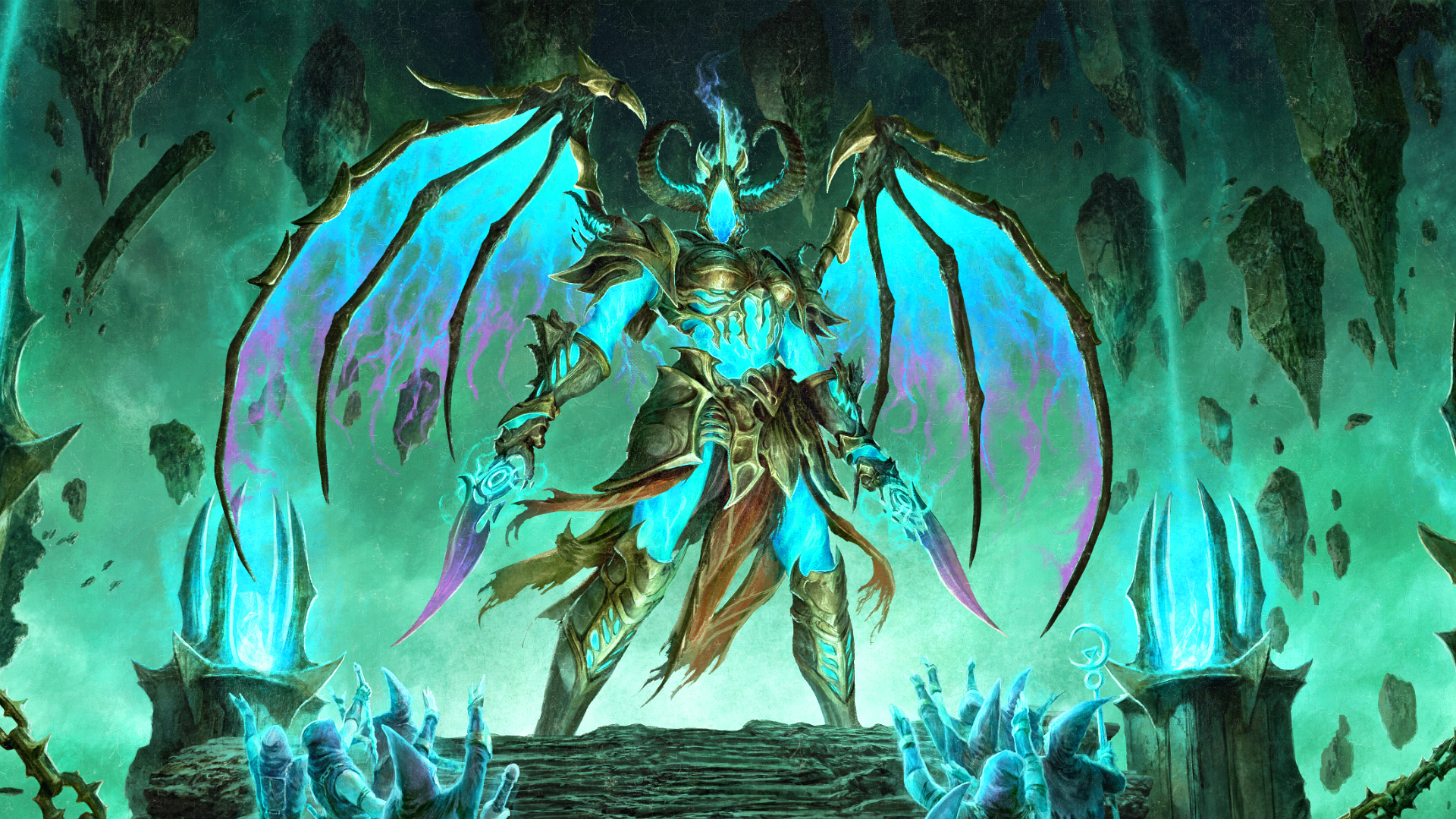 Diablo 4 key art of a winged character wielding two swords.