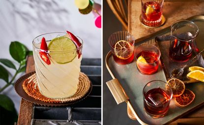 Cocktails in glasses with fruit garnish