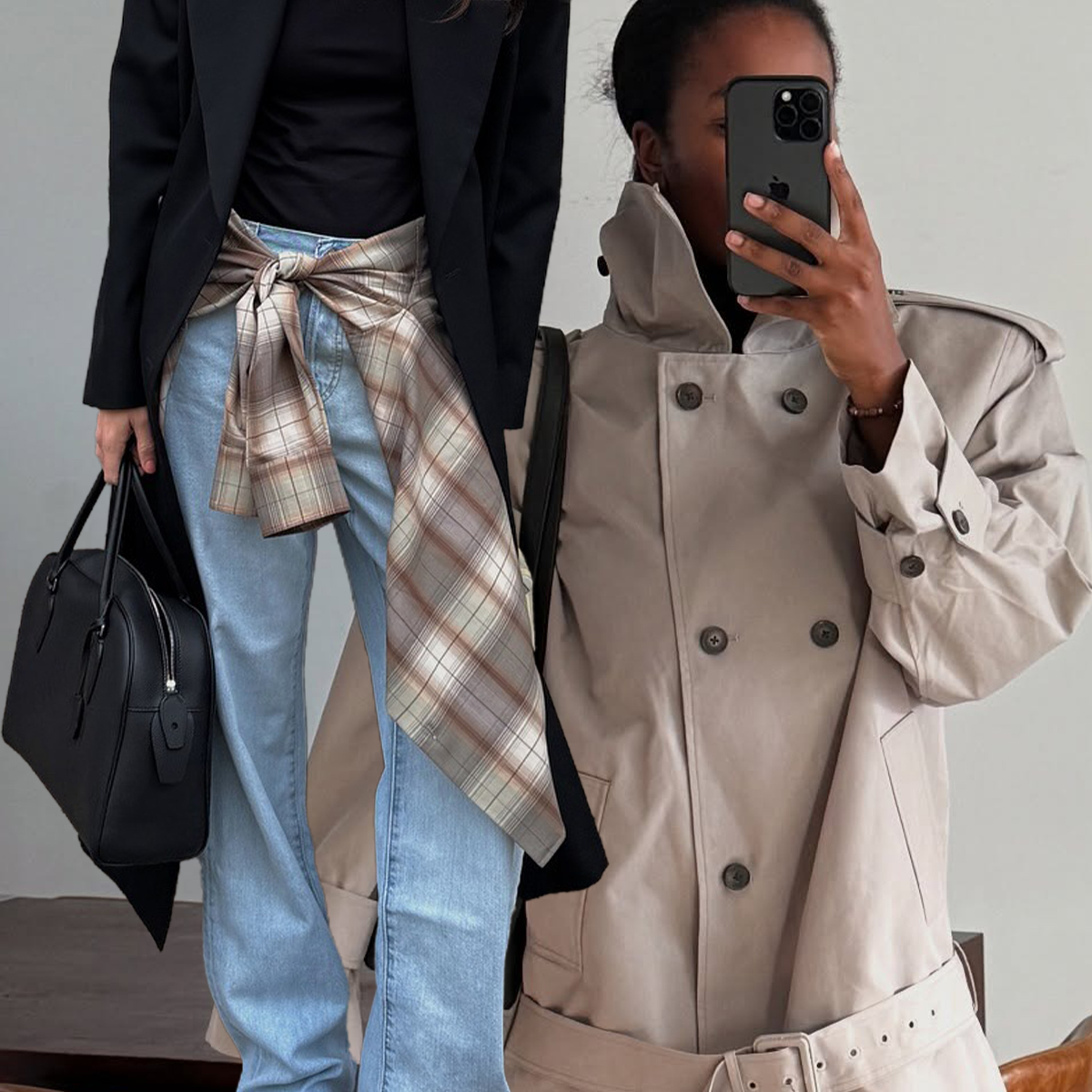 Influencer Annabel Rosendahl is in pale blue jeans, a black top, a black coat, and a plaid button-down tied around the waist. Influencer Marilyn NK in a high-neck trench. 
