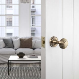 White door with brass door knob revealing living room