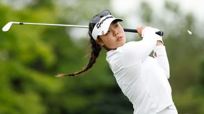 Jasmine Koo of the United States plays her shot from the fourth tee during the third round of the Mizuho Americas Open at Liberty National Golf Club on May 18, 2024 in Jersey City, New Jersey.