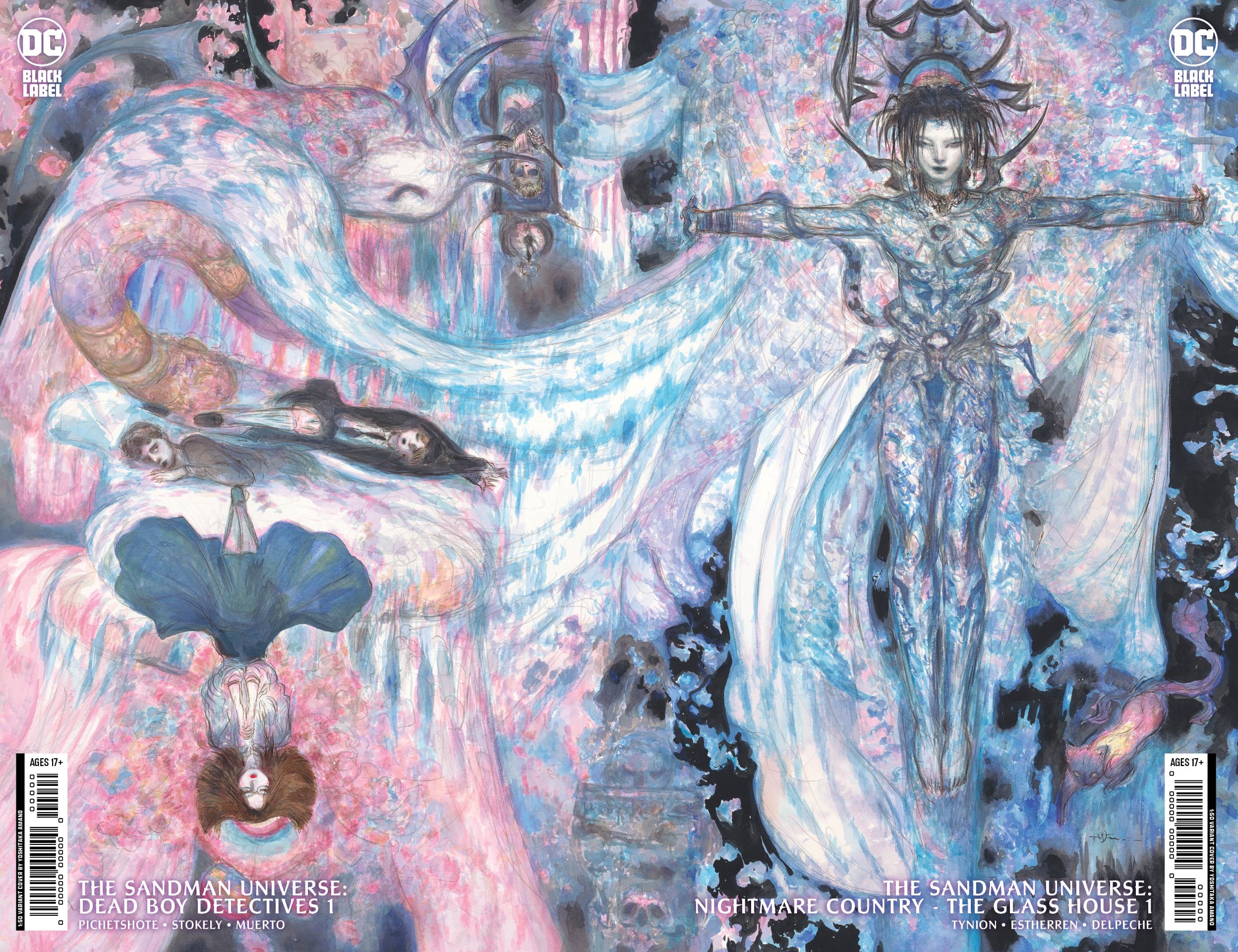 Yoshitaka Amano connecting covers for The Sandman Universe: Dead Boy Detectives #1 and The Sandman Universe: Nightmare Country - The Glass House #1