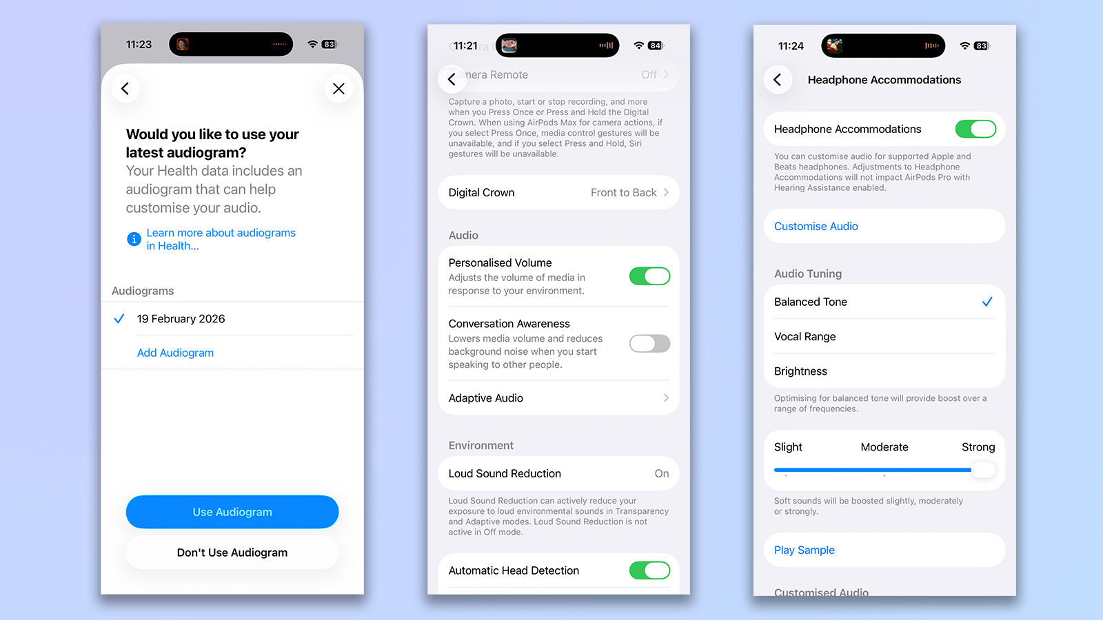 screenshots from an iphone 16 pro showing the native airpods max 2 audio customization