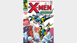 The original X-Men including Cyclops, Iceman, Marvel Girl, Beast, and Angel locked in combat with Magneto, who is blocking their attacks with a forcefield