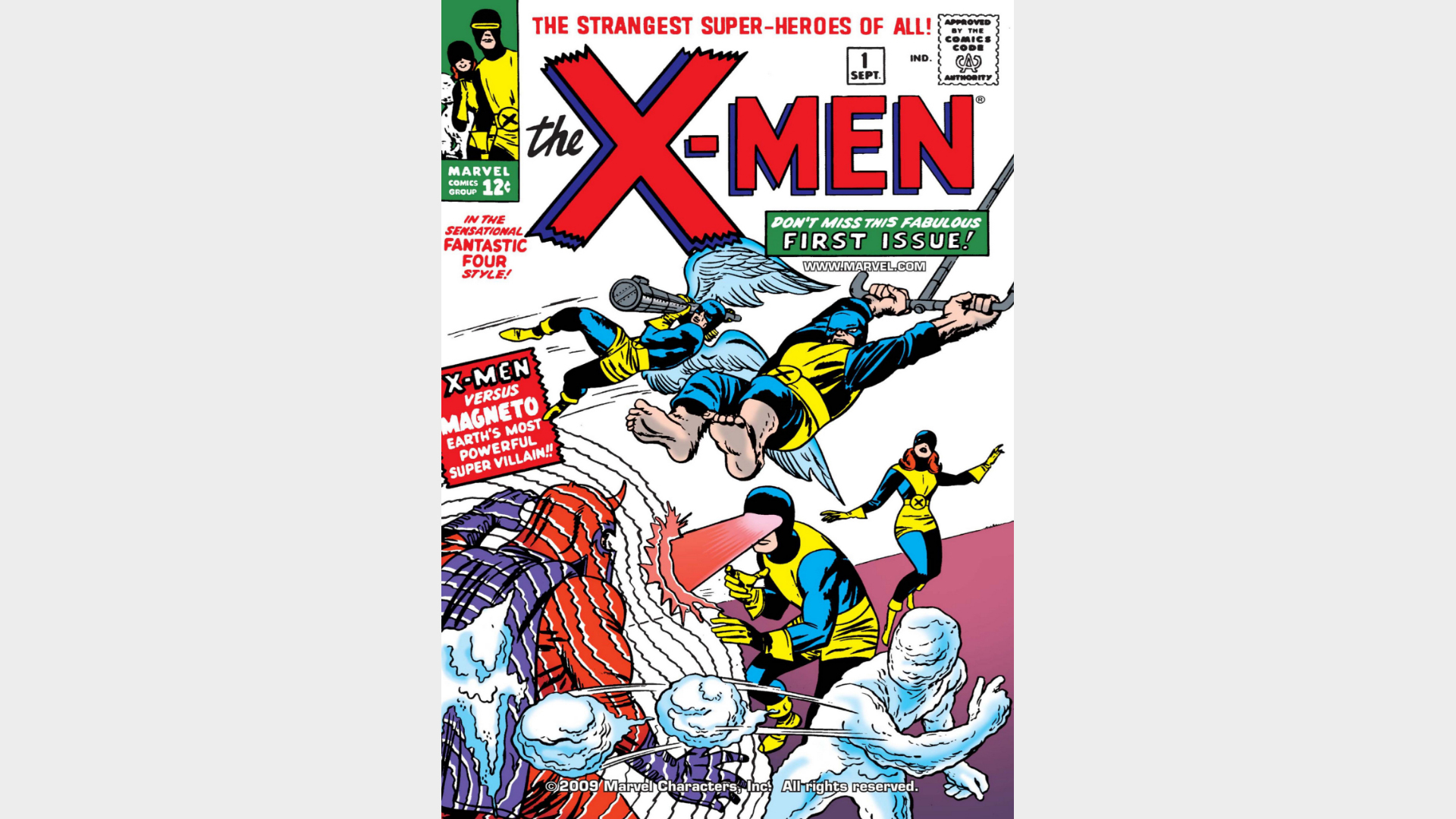 The original X-Men including Cyclops, Iceman, Marvel Girl, Beast, and Angel locked in combat with Magneto, who is blocking their attacks with a forcefield