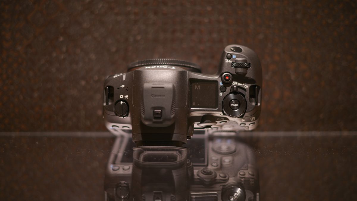 Canon EOS R5 Mark II against a dark background