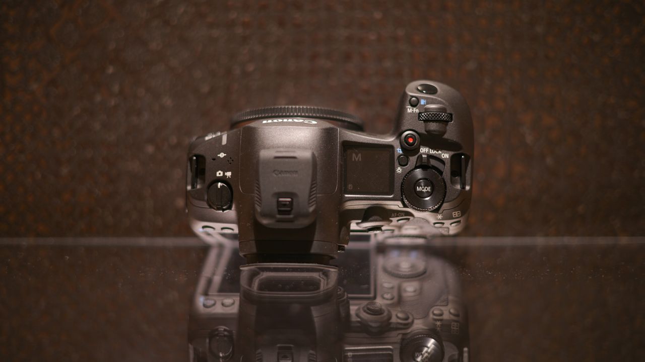 Canon EOS R5 Mark II against a dark background