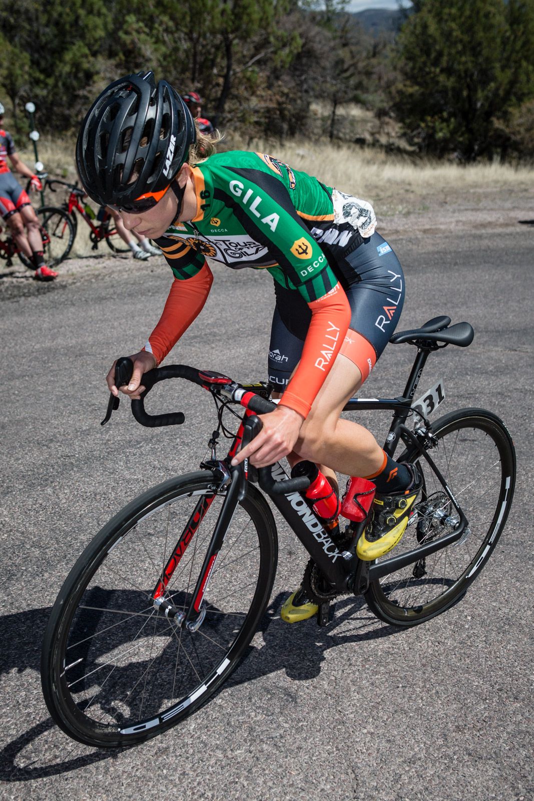 Heather Fischer (Rally) sporting the sprint jersey on today's climb