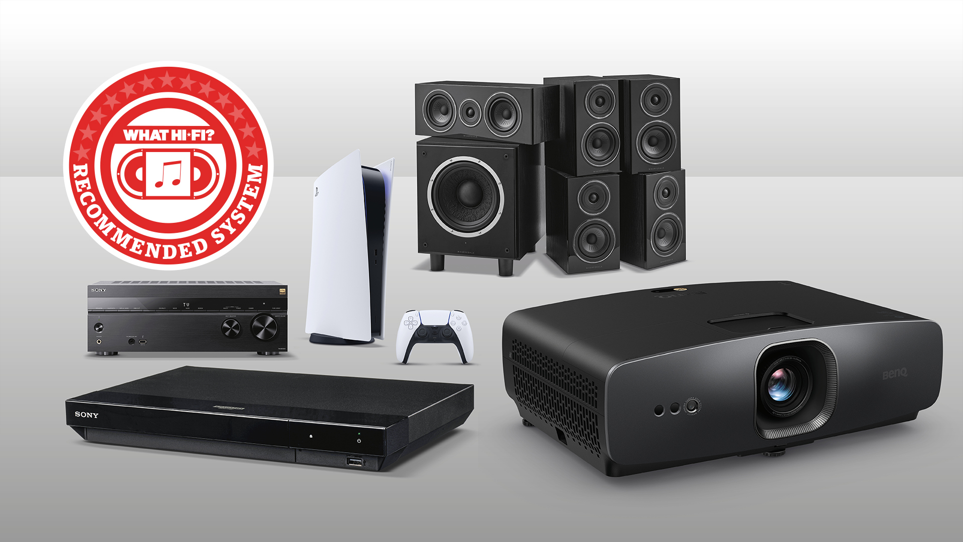The BenQ W2720i projector, Sony UBP-X700 Blu-ray player, TA-AN1000 AV receiver, PS5 and Wharfedale Diamond 12.1 speaker package, all arranged against a grey background