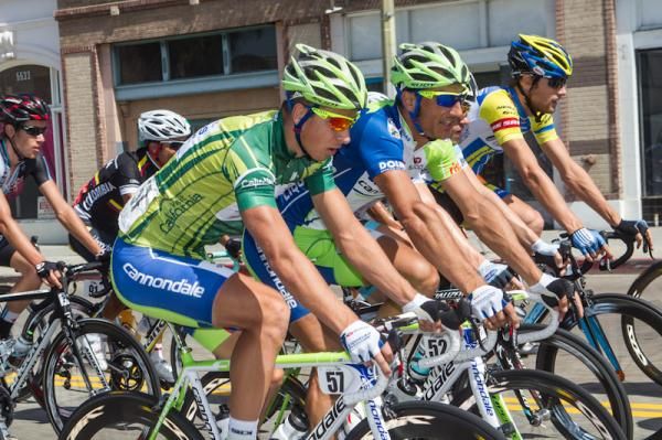 Peter Sagan (Liquigas-Cannondale) consults with teammates mid-race.