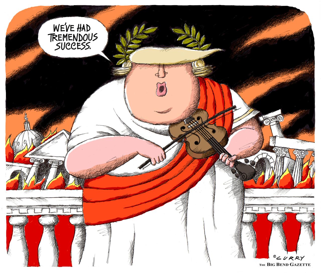 Political Cartoon U.S. Trump Nero fiddling coronavirus