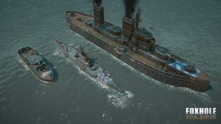Image of gunboat, submarine, and battleship from the game Foxhole's Naval Warfare update