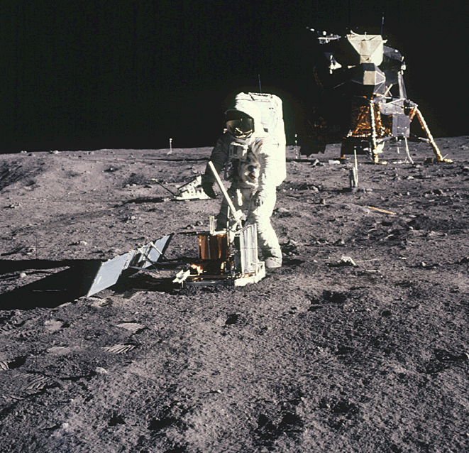 Buzz Aldrin at work on the moon in July 1969.