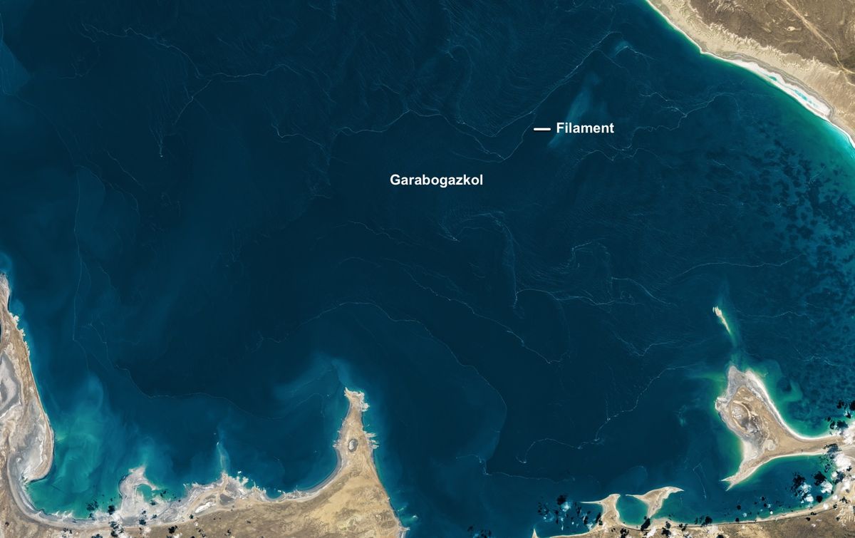 An image taken on April 4, 2017, by the imager aboard the Landsat 8 satellite shows lines of foam that formed in the shallow lagoon called Garabogazköl in Turkmenistan.