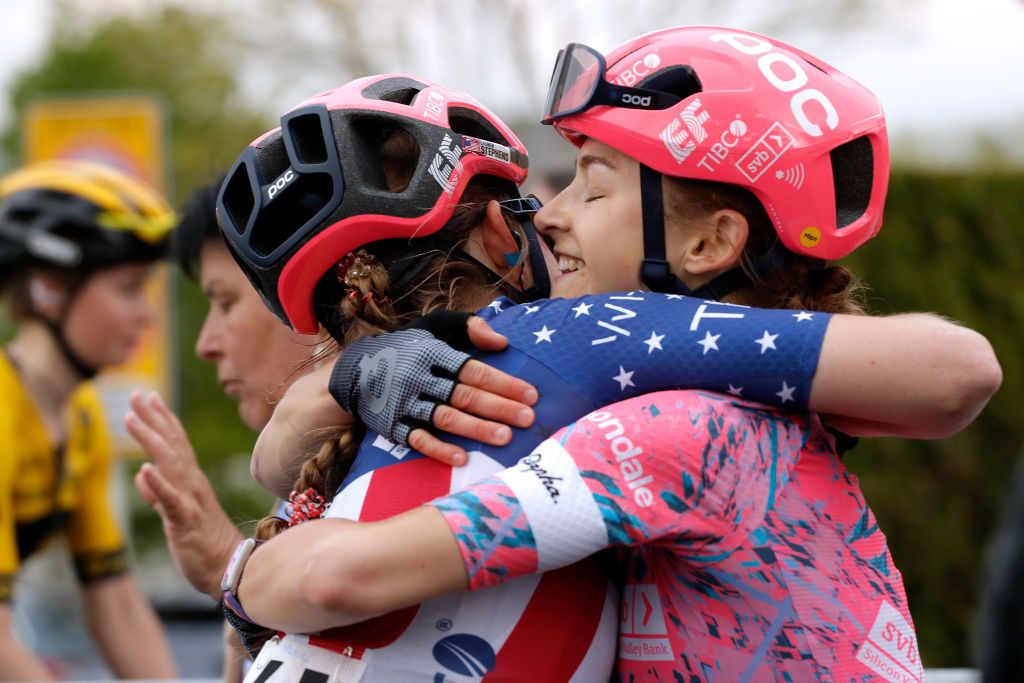 GARNICH LUXEMBOURG MAY 01 Veronica Ewers of United States and Team EF Education Tibco Svb R celebrates the victory with her teammate Lauren Stephens of United States L during the 14th Ceratizit Festival Elsy Jacobs 2022 Stage 2 a 1093km stage from Garnich to Garnich felsy on May 01 2022 in Garnich Luxembourg Photo by Bas CzerwinskiGetty Images