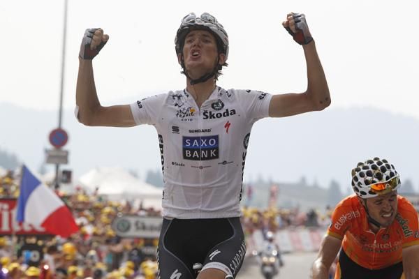 Andy Schleck (Team Saxo Bank) wins the first mountaintop stage of the 2010 Tour de France