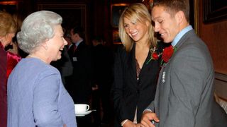 Queen Elizabeth II Drinking A Cup Of Tea And Joking With England Rugby Star, Jonny Wilkinson, And His Girlfriend, Diana Stewart, At A Reception For The World Cup Winning Team In The Picture Gallery At Buckingham Palace.