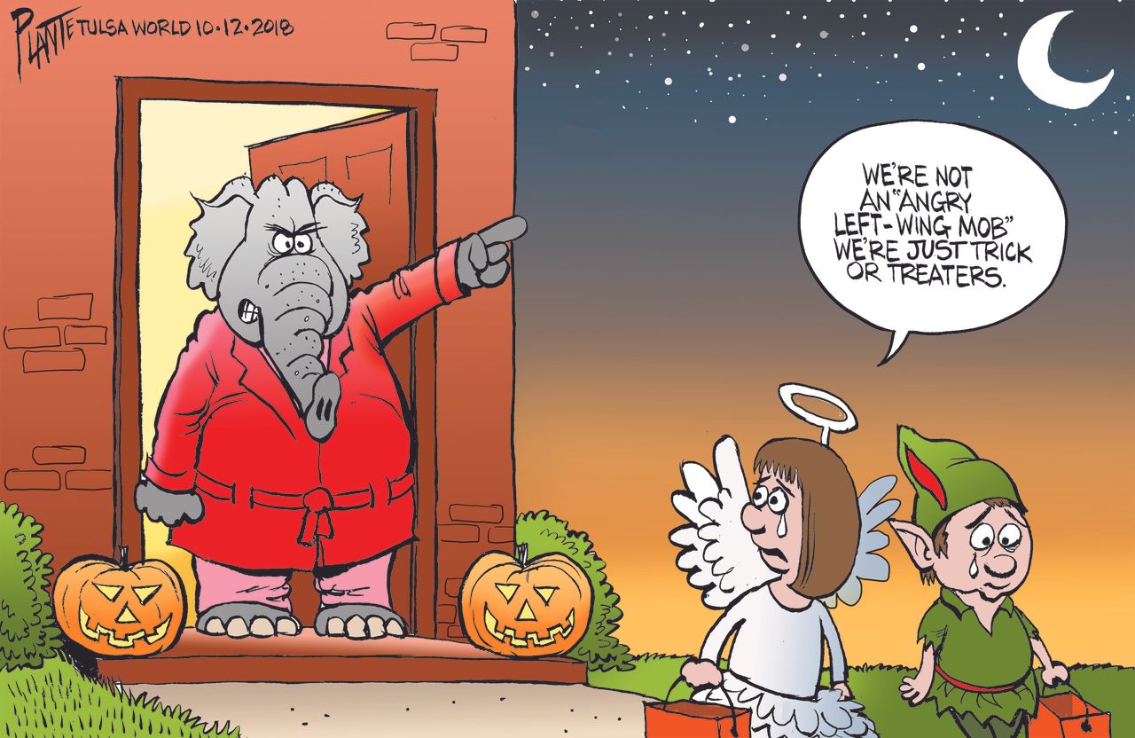 Political cartoon U.S. GOP angry left wing mob trick or treaters