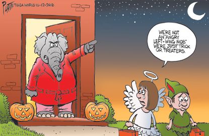 Political cartoon U.S. GOP angry left wing mob trick or treaters
