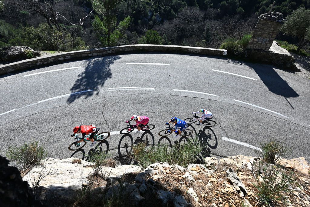 SAINTVICTORET FRANCE FEBRUARY 14 LR Victor Guernalec of France and Team Arkea BB Hotels Maximilien Juillard of France and Team Van Rysel Roubai Antoine Hue of France and Team CIC U Nantes Atlantique and Baptiste Vadic of France and Team TotalEnergies compete in the breakaway during the 9th Tour de la Provence 2025 Stage 1a 1693km stage from Marseille to SaintVictoret on February 14 2025 in SaintVictoret France Photo by Billy CeustersGetty Images
