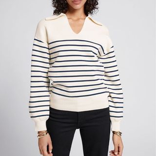 stripe open collar sweater