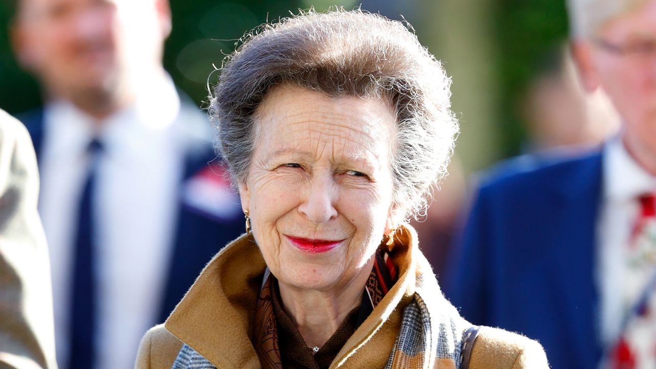 Anne, Princess Royal (wearing her Highgrove scarf and a camel coat) attends QIPCO British Champions Day at Ascot Racecourse on October 19, 2024