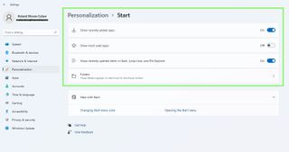 An image of the Start personalization menu.