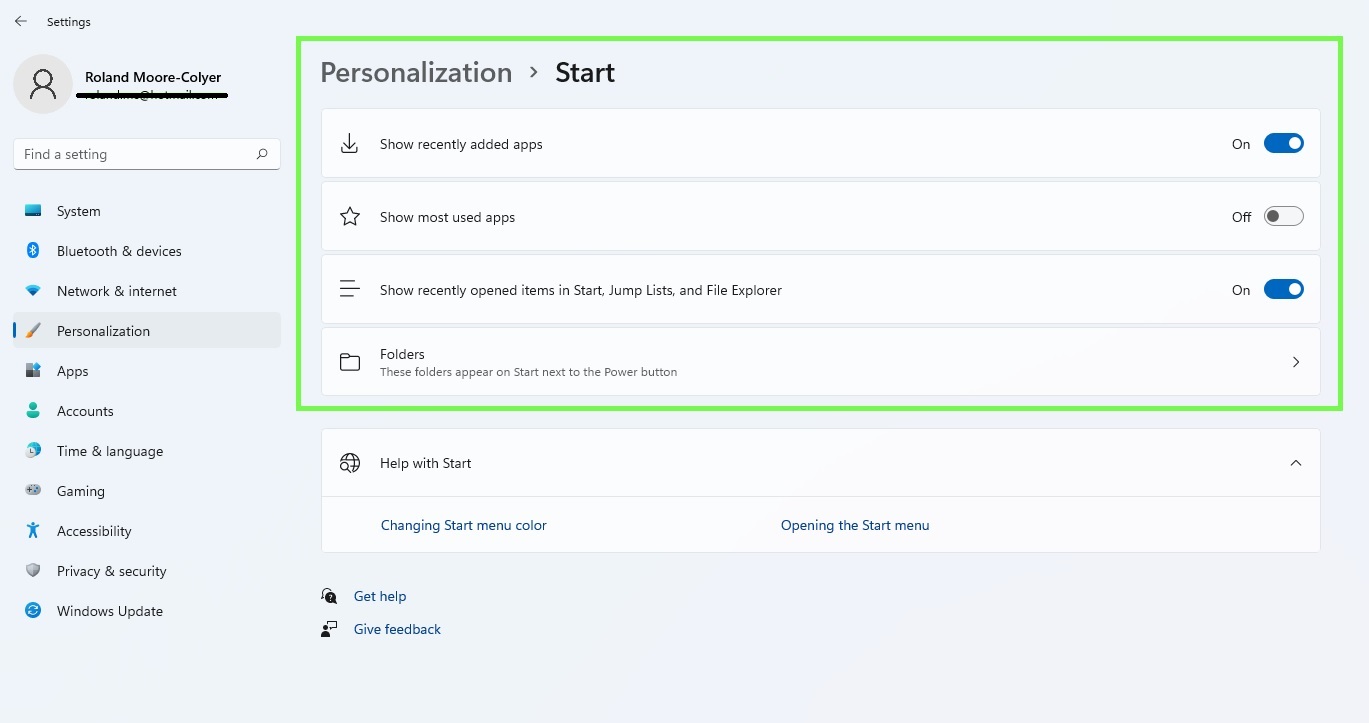 Image of the customization start menu.