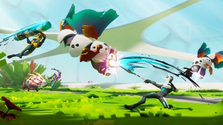 Godbreakers art of two white and black warriors fighting in a green field