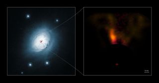 This composite image shows a view from the NASA/ESA Hubble Space Telescope (left) and from the NACO system on ESO’s Very Large Telescope (right) of the gas and dust around the young star HD 100546. Image released Feb 28, 2013.